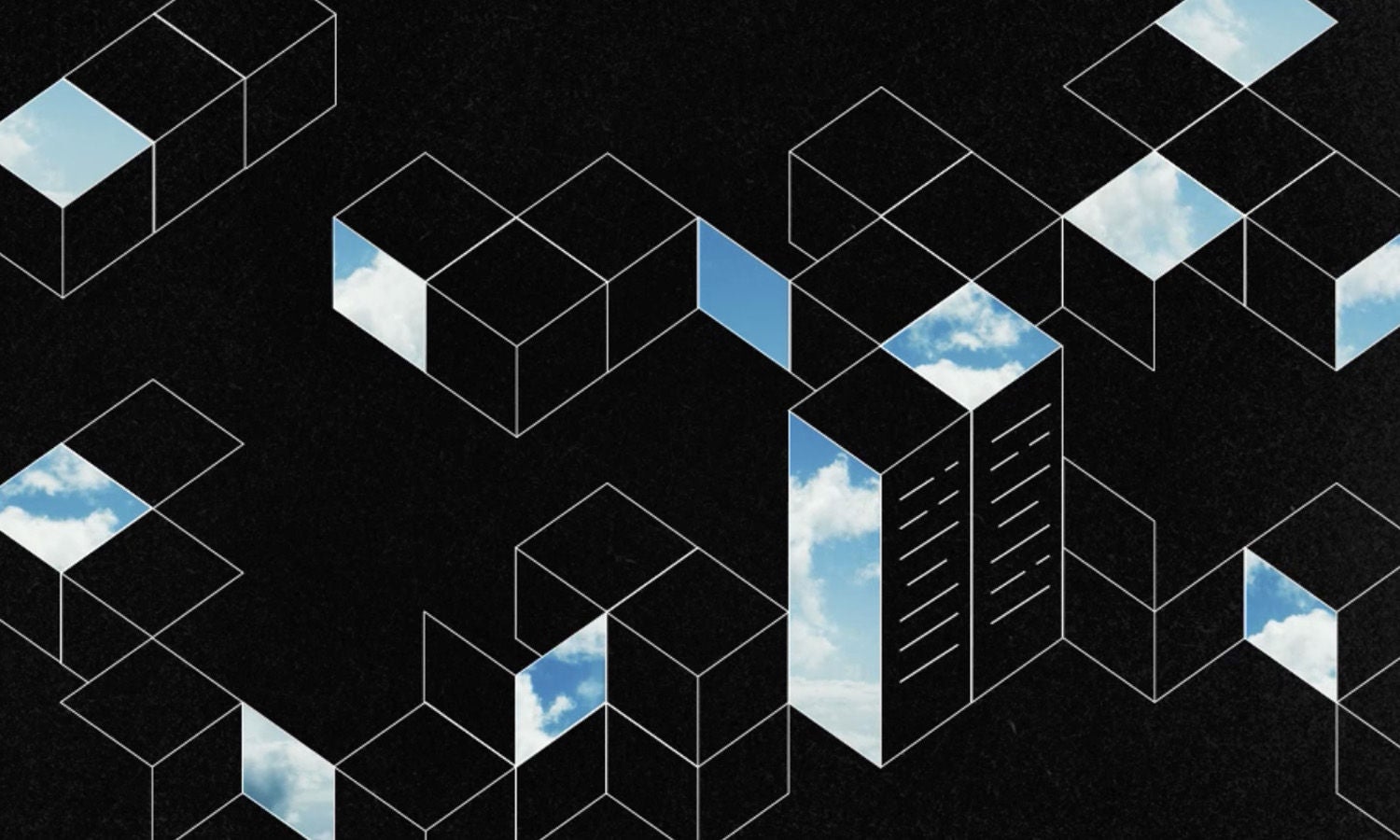 Clouds are shown in the background behind server-shaped boxes.